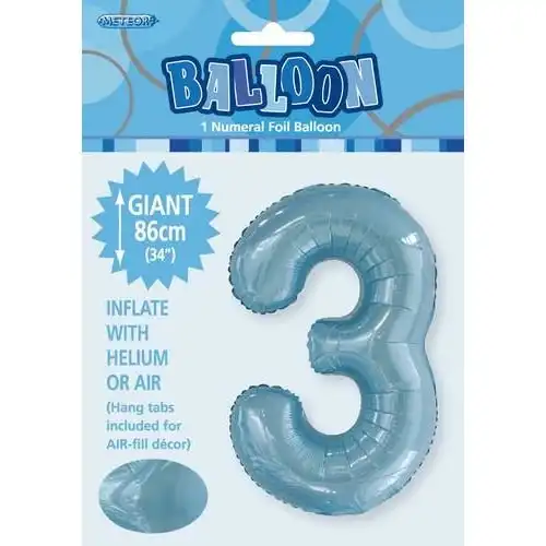 Powder Blue 3 Numeral Foil Balloon 86cm