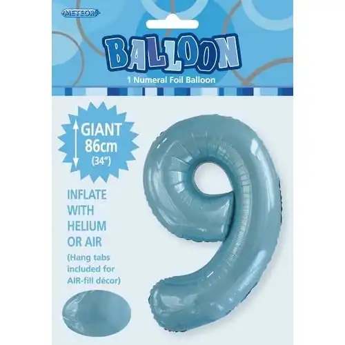 Powder Blue 9 Numeral Foil Balloon 86cm