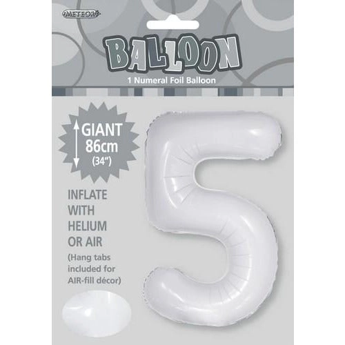 White 5 Numeral Foil Balloon 86cm