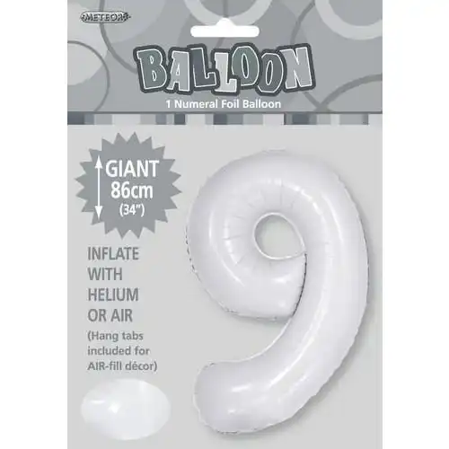 White 9 Numeral Foil Balloon 86cm