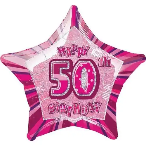 Glitz Pink 50th Birthday Star 50cm Foil Balloon Packaged