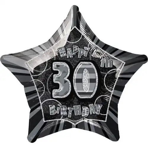 Glitz Black & Silver 30th Birthday Star Foil Balloon