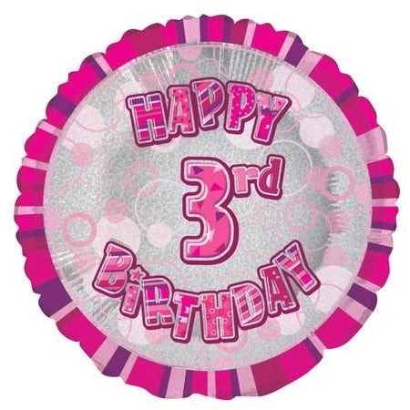 Glitz Pink 3rd Birthday Round 45cm Foil Balloon Packaged