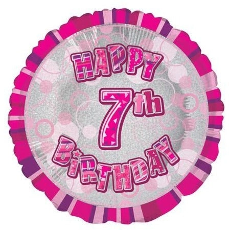 Glitz Pink 7th Birthday Round 45cm Foil Balloon Packaged