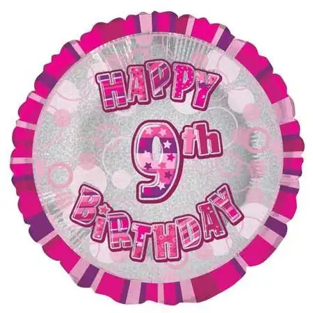 Glitz Pink 9th Birthday Round 45cm Foil Balloon Packaged