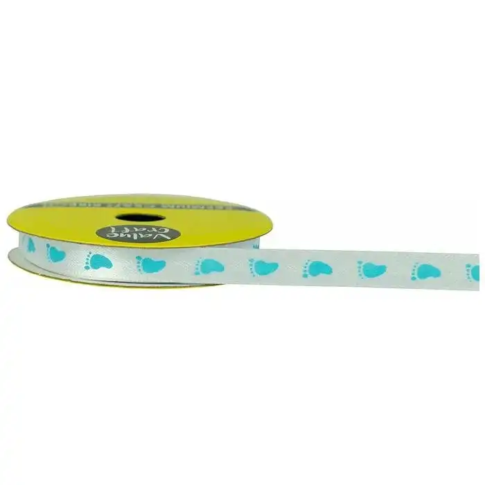 Ribbon Woven Satin - Baby Blue Footprints