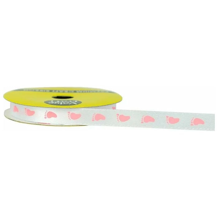 Ribbon Woven Satin - Baby Pink Footprints