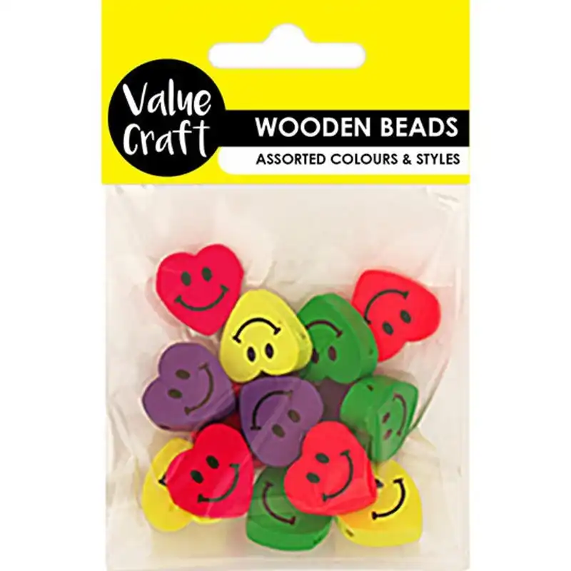 Wooden Fluro Beads - Smiley Hearts