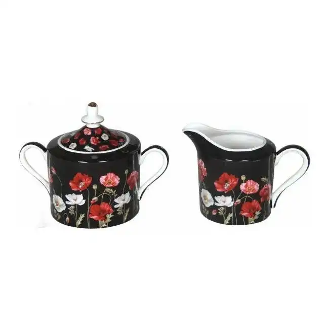 Poppies on Black Fine Bone China - Sugar & Milk Set