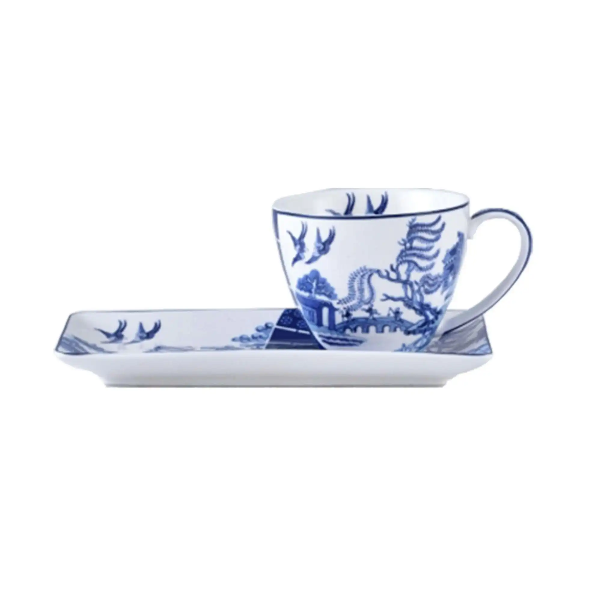 Fine Bone China Blue & White Willow Cup & Saucer Breakfast Set