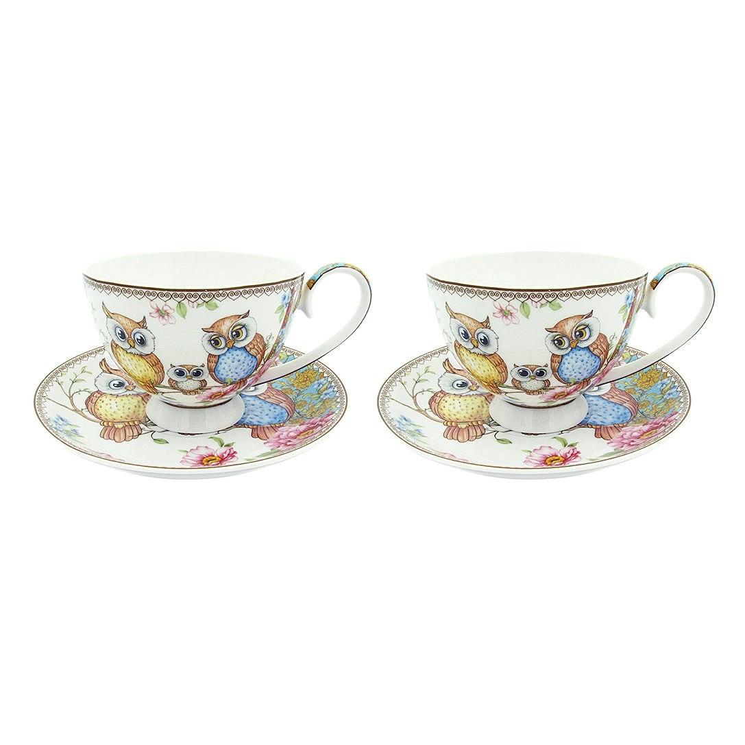 Owls Fine Bone China Gold Rim - 2 Cup & Saucer Set