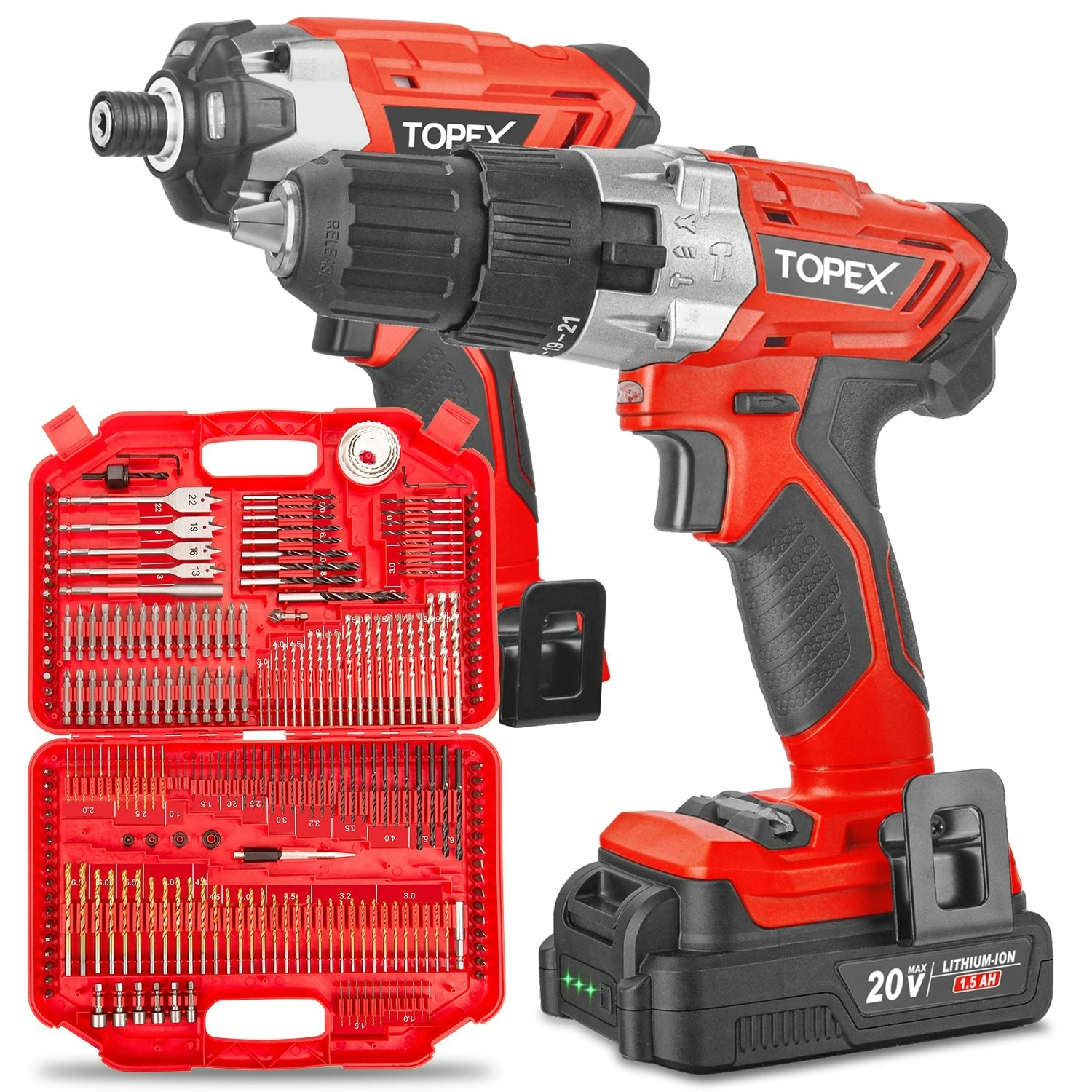 Topex 20V Cordless Hammer Drill Impact Driver Power Tool Combo Kit w/ Drill Bits