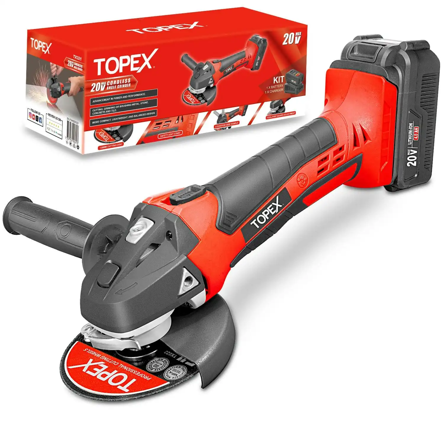 Topex 20V Cordless Angle Grinder 125mm with 4.0 Ah Li-ion Battery and Fast Charger, 8500 rpm, 3 Position Side Handle Grinding Cutting Power Tool