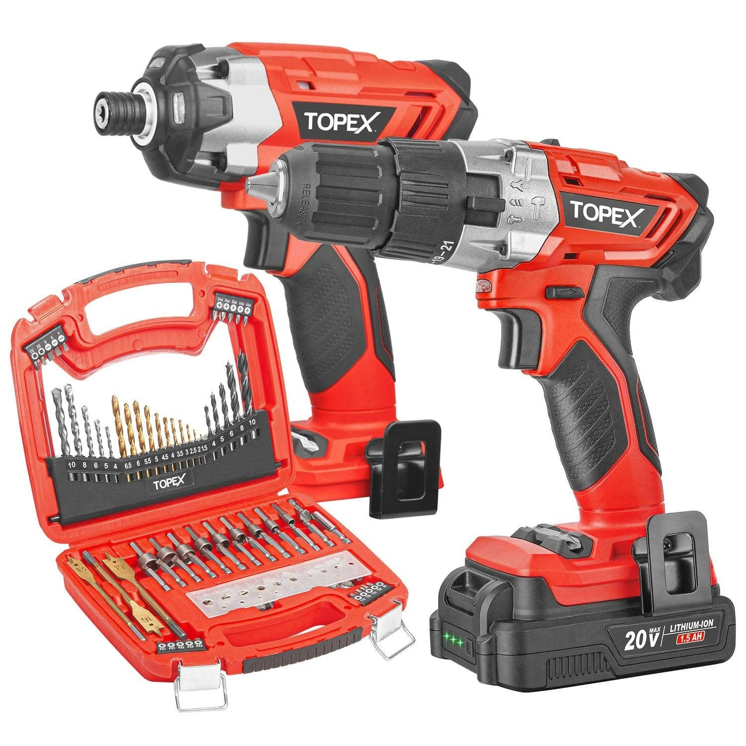 Topex 20V Cordless Hammer Drill Impact Driver Power Tool Combo Kit w/ Drill Bits