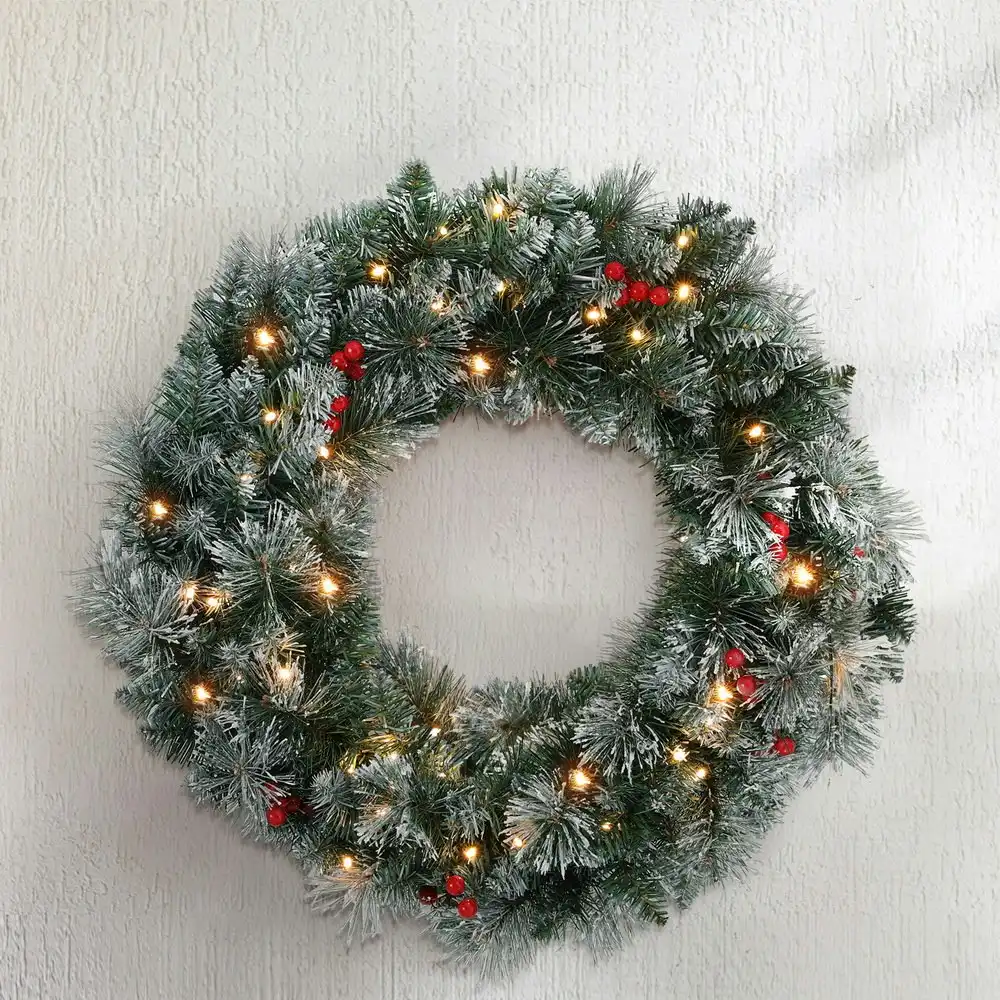 Jingle Jollys 60cm Christmas Wreath LED Lights Snowy Berries Garland Party Decor