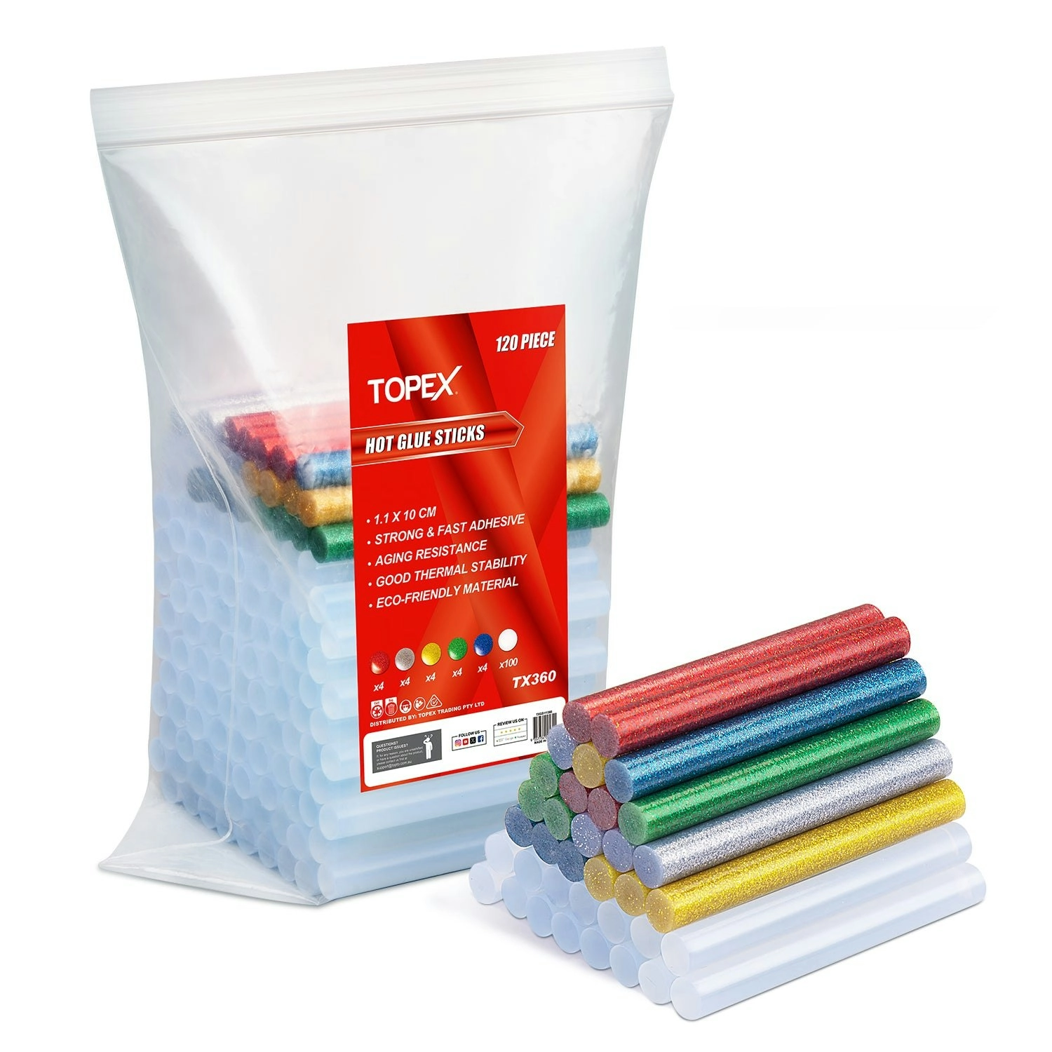 Topex 120pce Glue Sticks, 1.1x10cm Hot Melt Glue Stick Adhesive Craft Stick Glue Gun Various Color