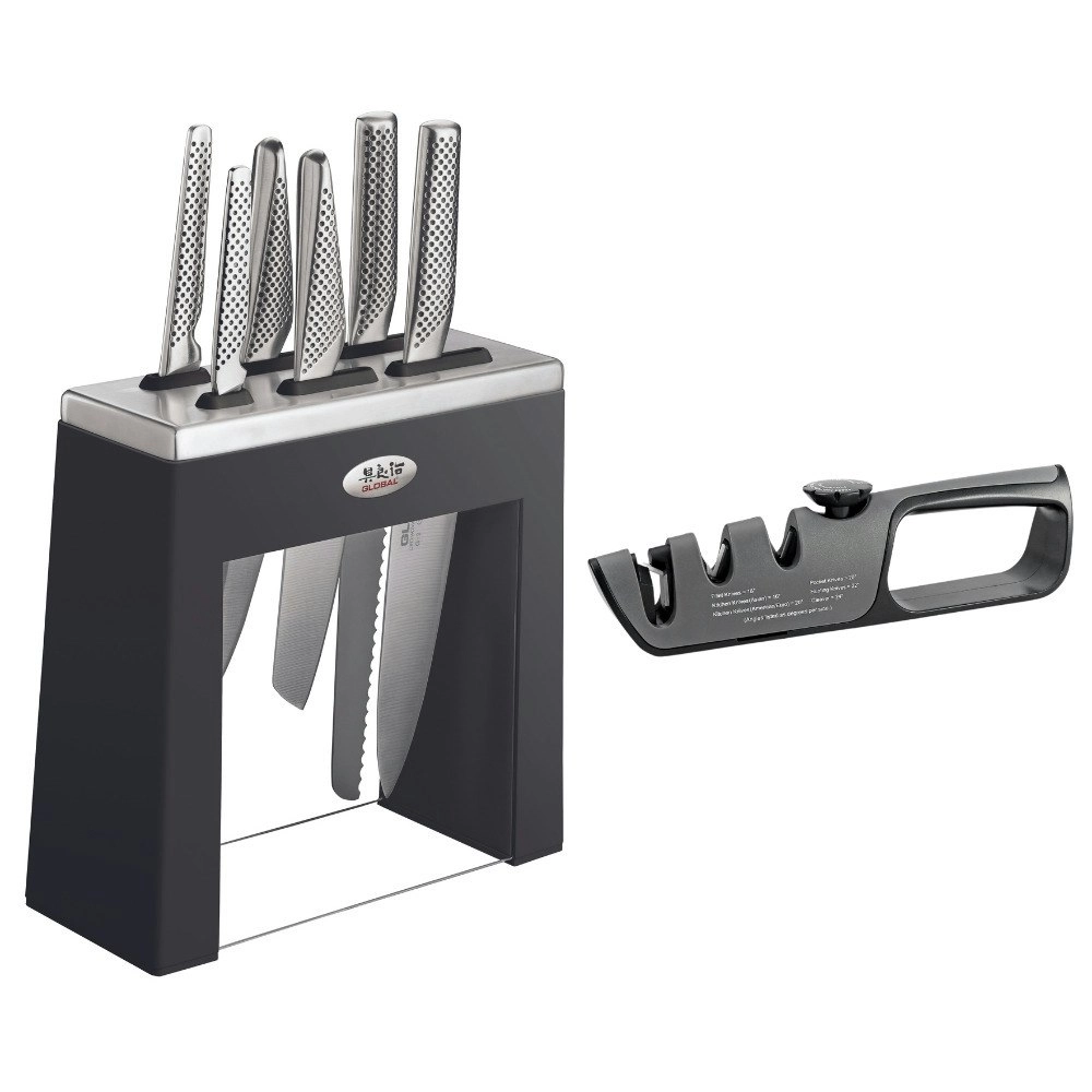 Global 79620 Kabuto 7pc Knife Block Set with Bonus Acuminate Adjustable Knife Sharpener