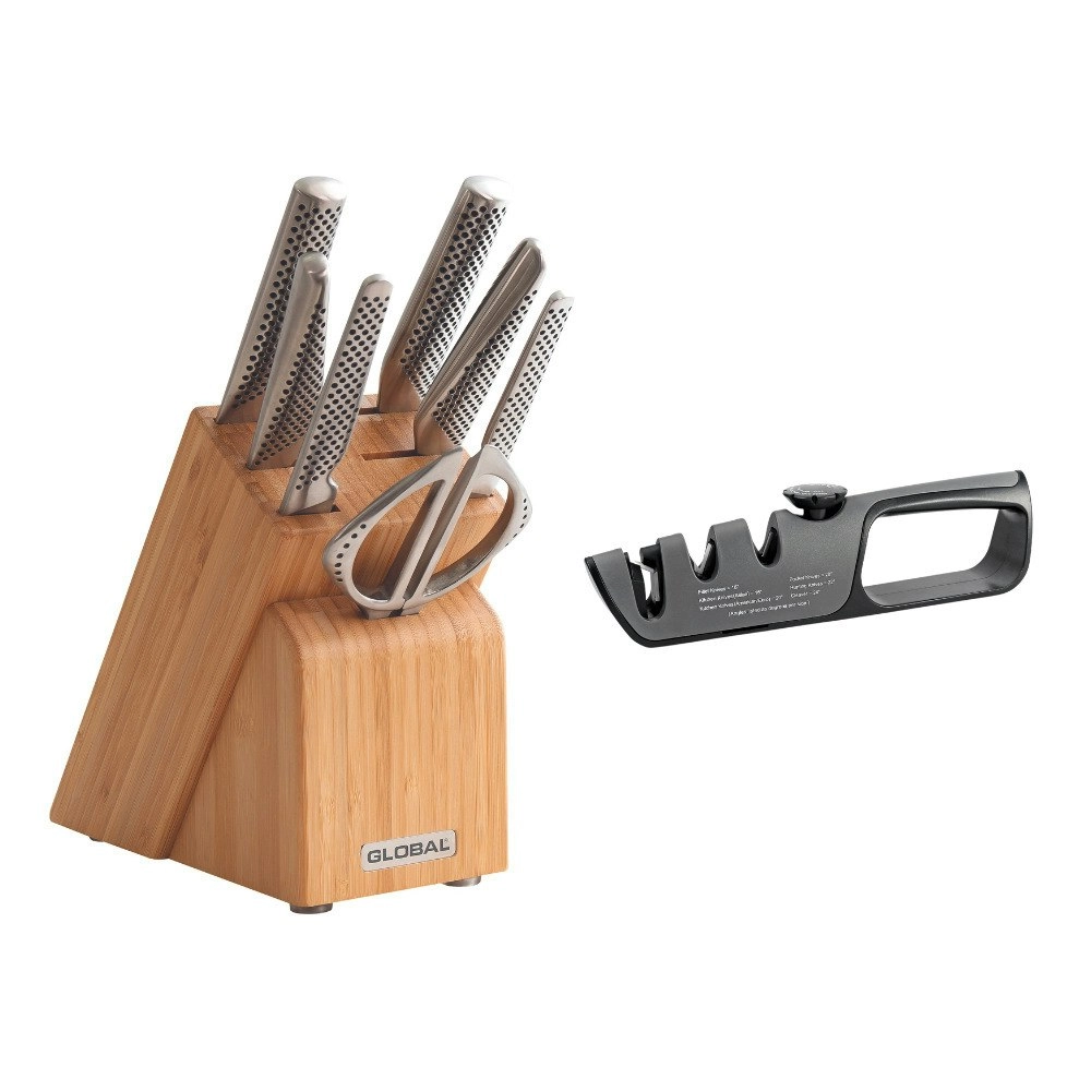 Global Takashi 8 Piece Knife Block Set - Bamboo with Bonus Acuminate Adjustable Knife Sharpener