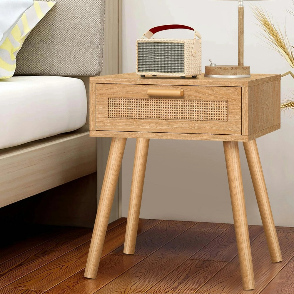 Alfordson Bedside Table Nightstand Side Storage Rattan Oak