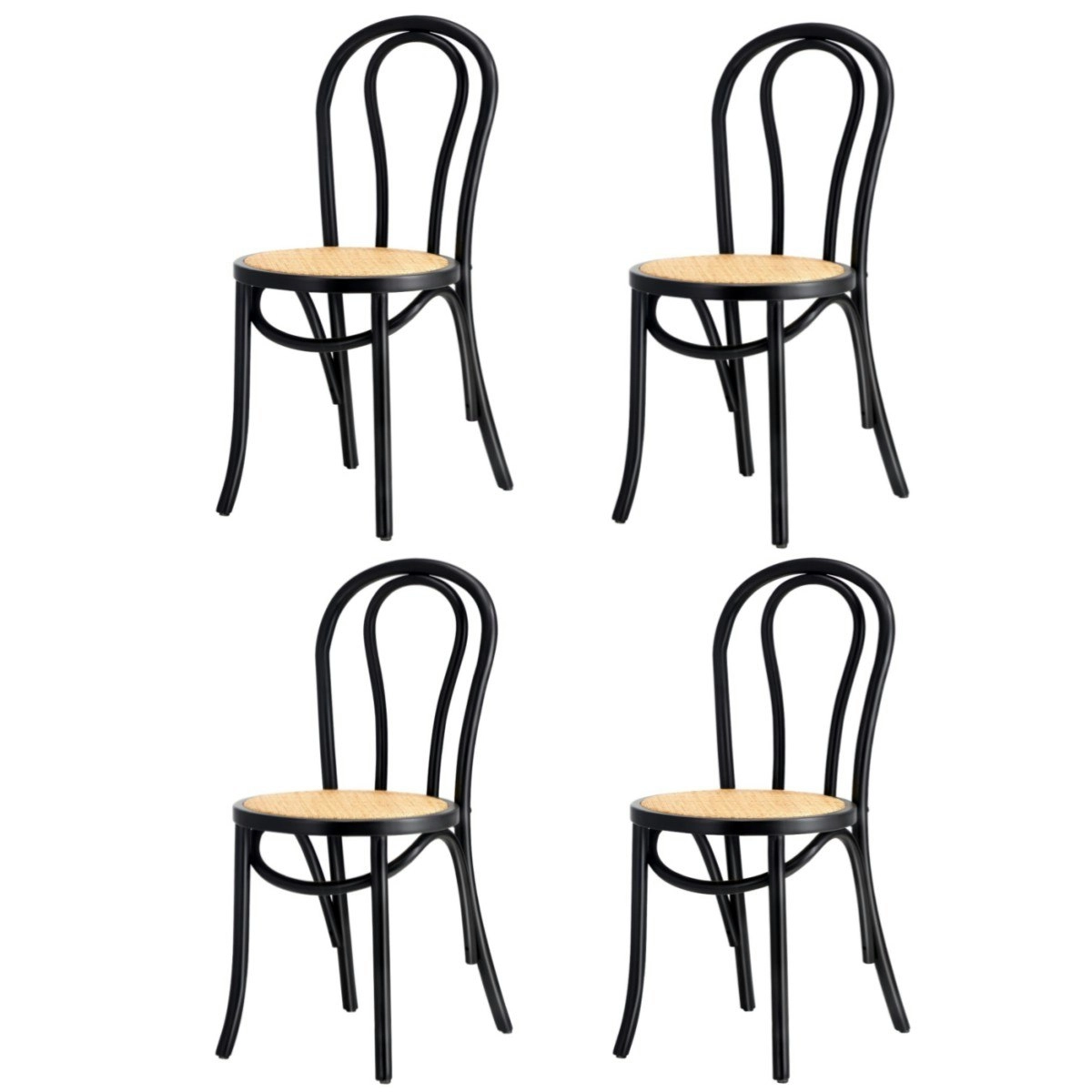 Oikiture 4PCS Dining Chair Solid Wooden Chairs Ratan Seat Black