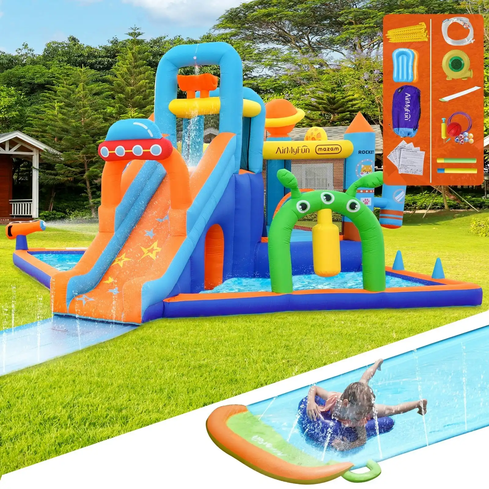 AirMyFun 12 Play Zones Inflatable Trampoline Castle Space Theme Water Slide