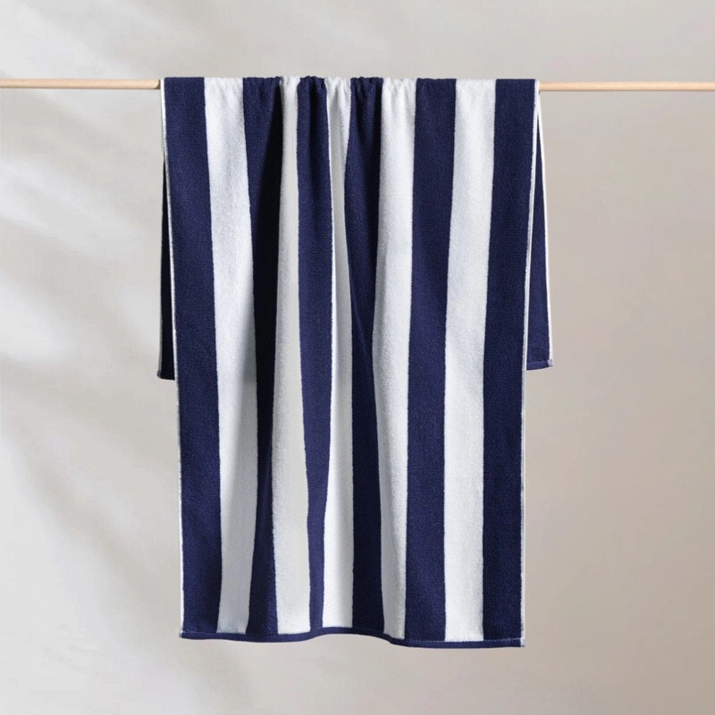 Canningvale Striped Cabana Cotton Terry Beach Towel (80x160cm)- Navy