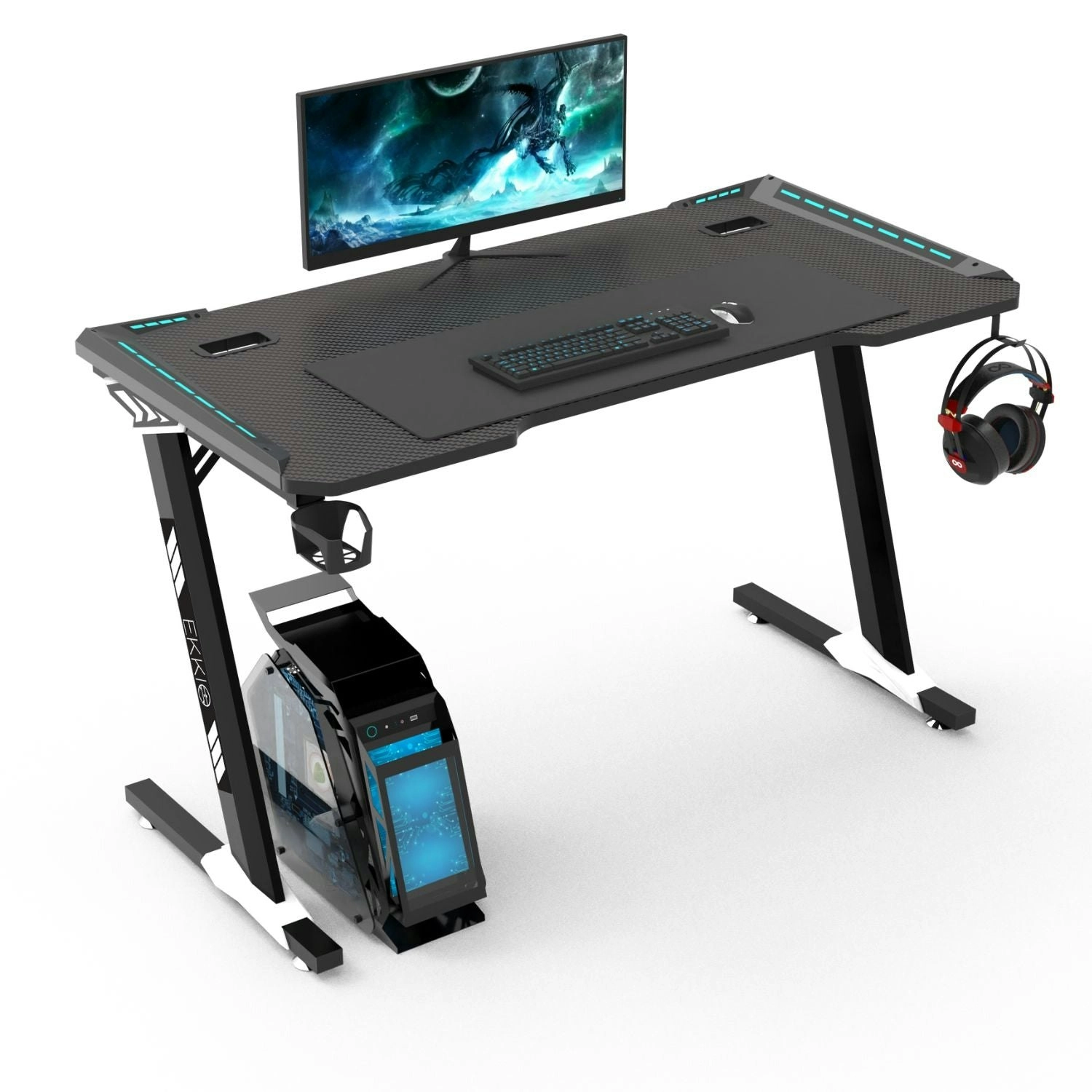 Ekkio 120cm Office Home Z Shape RGB Gaming Table Computer Desk - Black