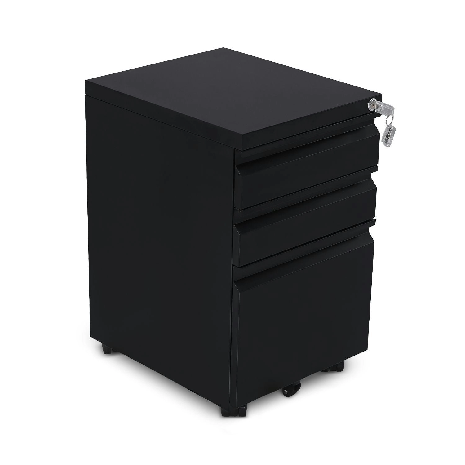 Ekkio 3 Large Drawer Mobile File Cabinet with Lock & 2 Lockable Wheels Black