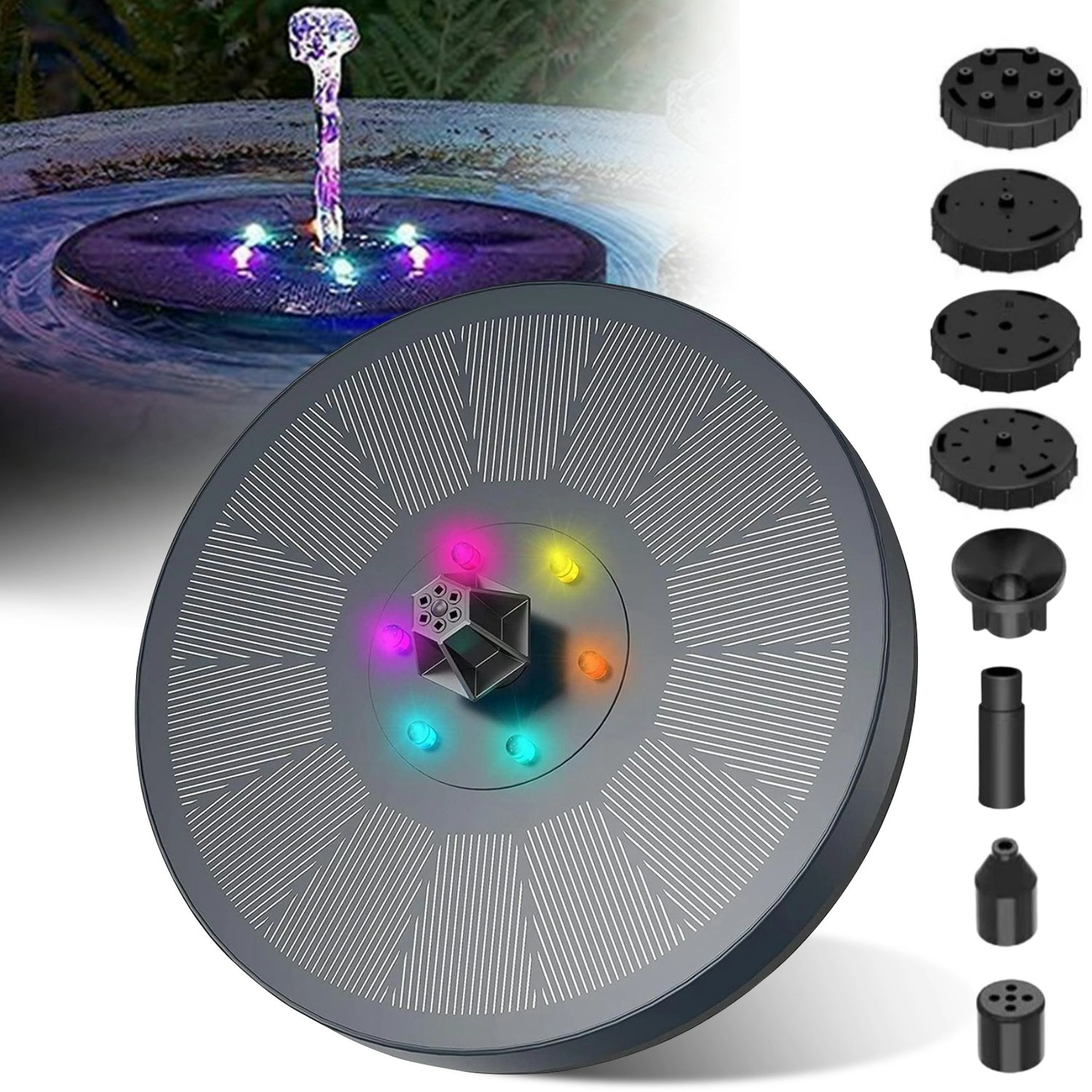 Noveden Sustainable Anti-Drift Bird Bath RGB Color LED Lights Solar Fountain Water Pump - Black