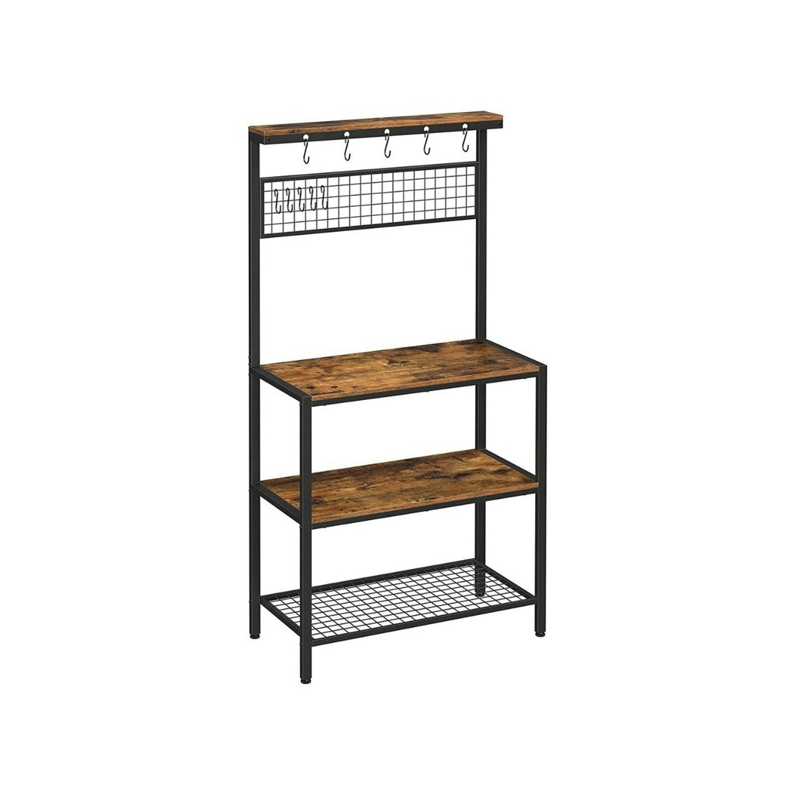 VASAGLE 10 Hook 3 Shelves Adjustable Feet Coffee Bar Kitchen Storage Shelf Baker Rack - Rustic Brown