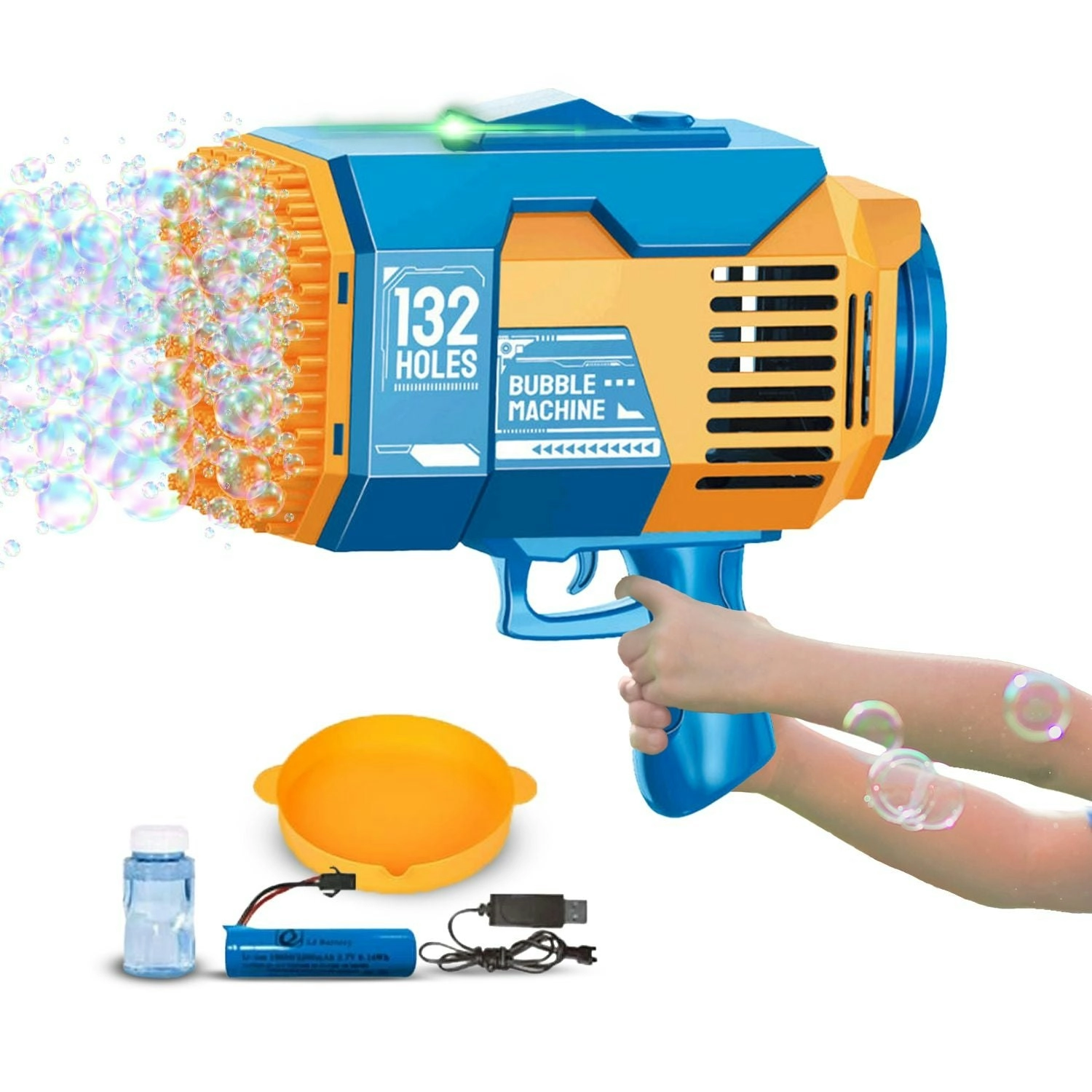 Gominimo 132 Holes Rechargeable Automatic Bubbles Blower Machine Gun Blue Orange