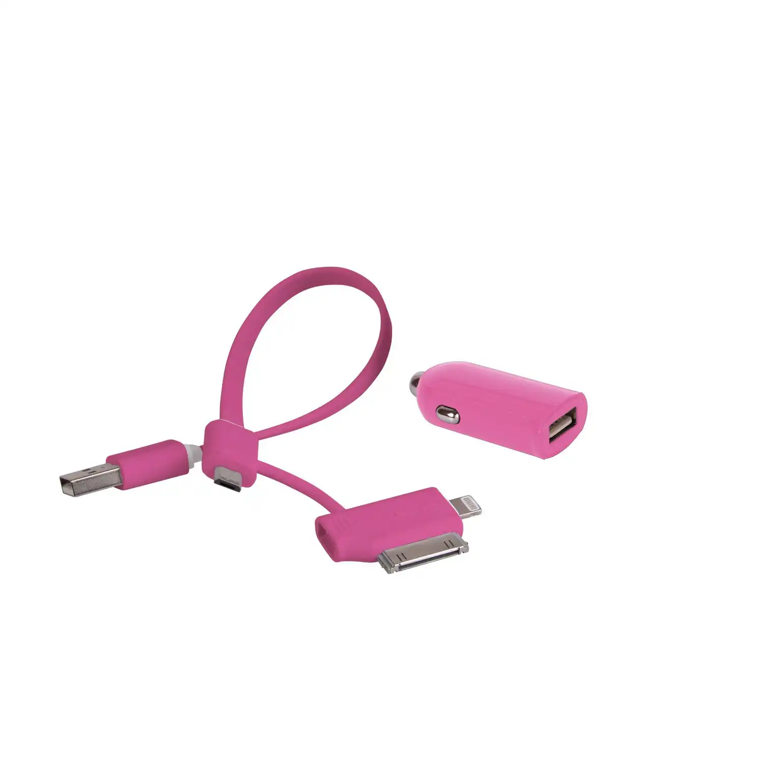 Laser Pink 2.4A Car Charger with 3-in-1 Multi-Device Cable for iOS/Android