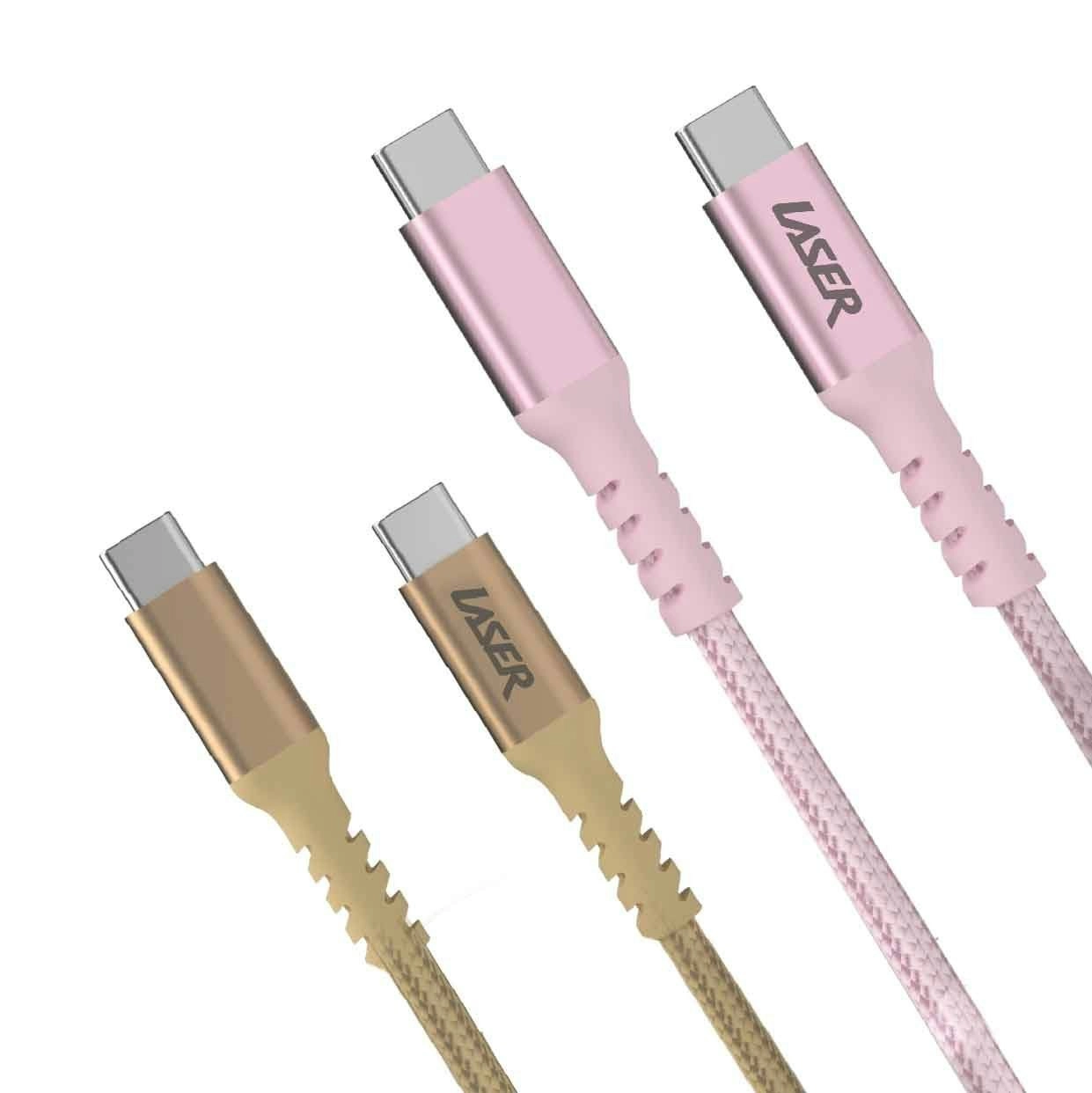 Laser 60W 2m USB-C to USB-C Cable Fast Charging Gold/Pink Durable 2 Pack