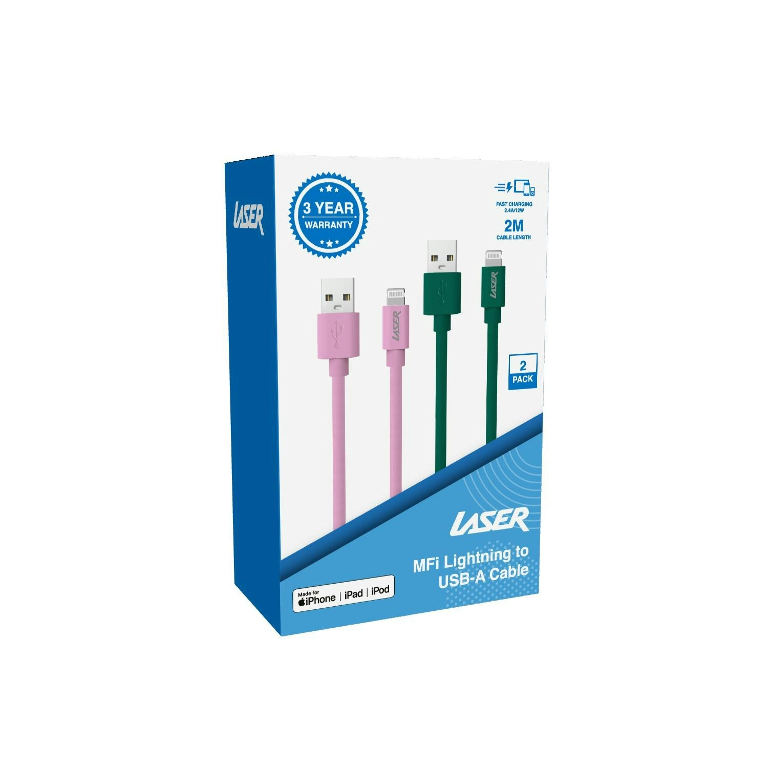 Laser MFi Lightning Cable 2-Pack 2M Pink/Green Fast Charge