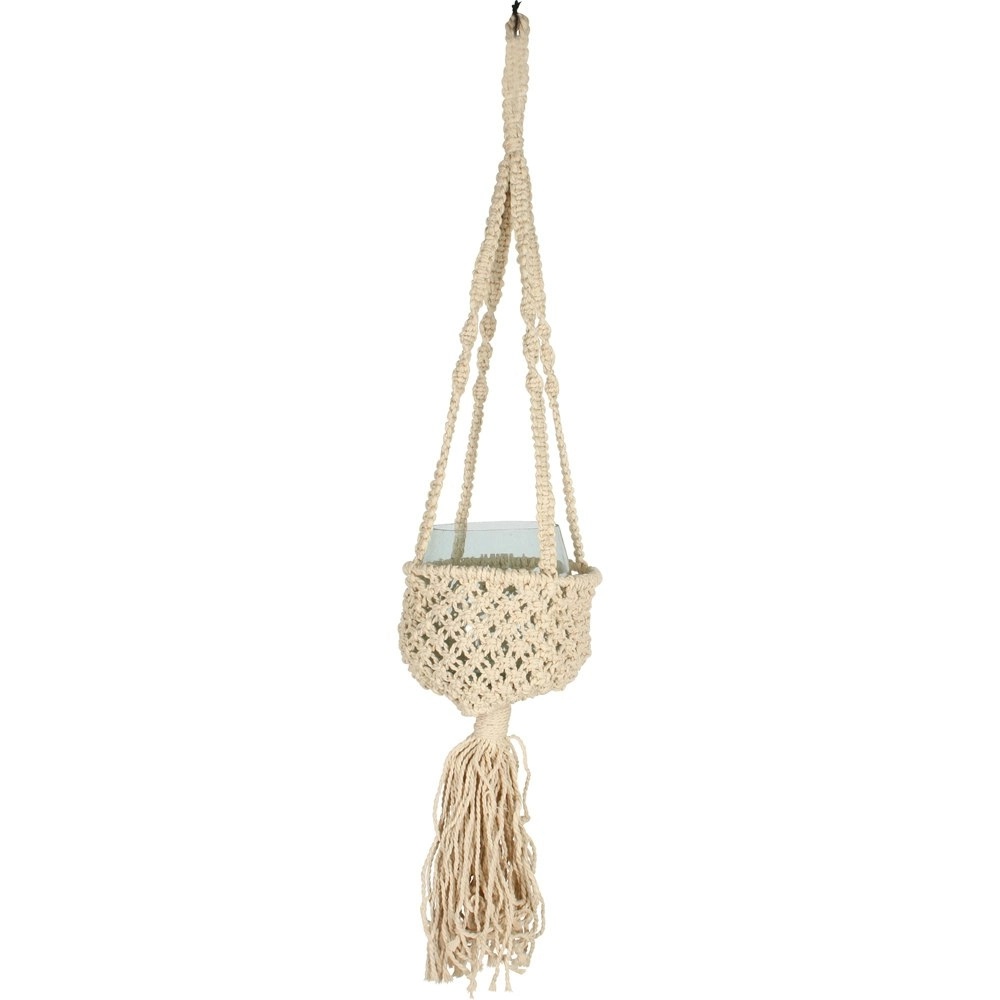 Maine & Crawford Flow Luxe Macrame 100cm Plant Hanger Pot w/ Glass Vase Cream