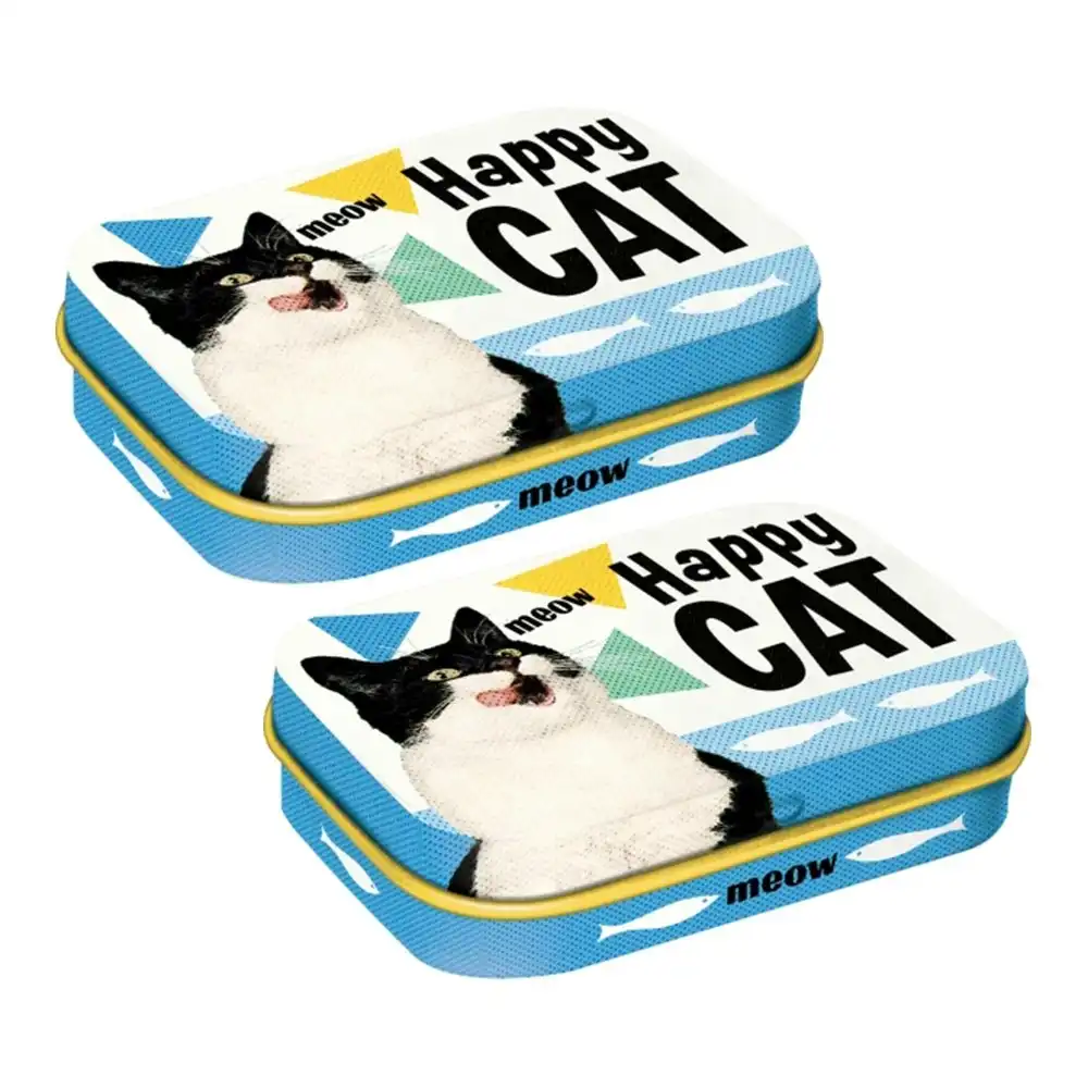 2x Nostalgic Art 6cm Metal Tin Mint Box Happy Cat Fresh Breath Hard Candy Mints