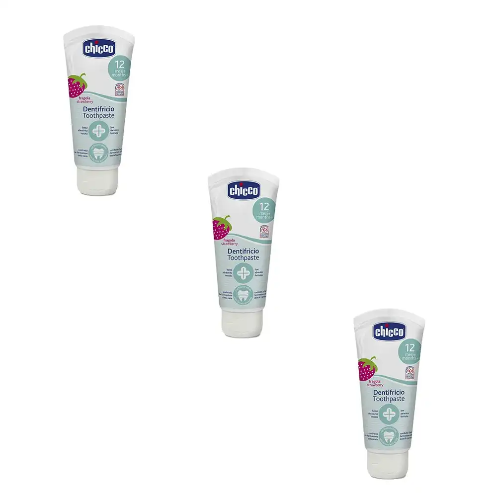 3x Chicco Nursing Baby 50ml Flouride-Free Toothpaste Dental Care Strawberry 12m+