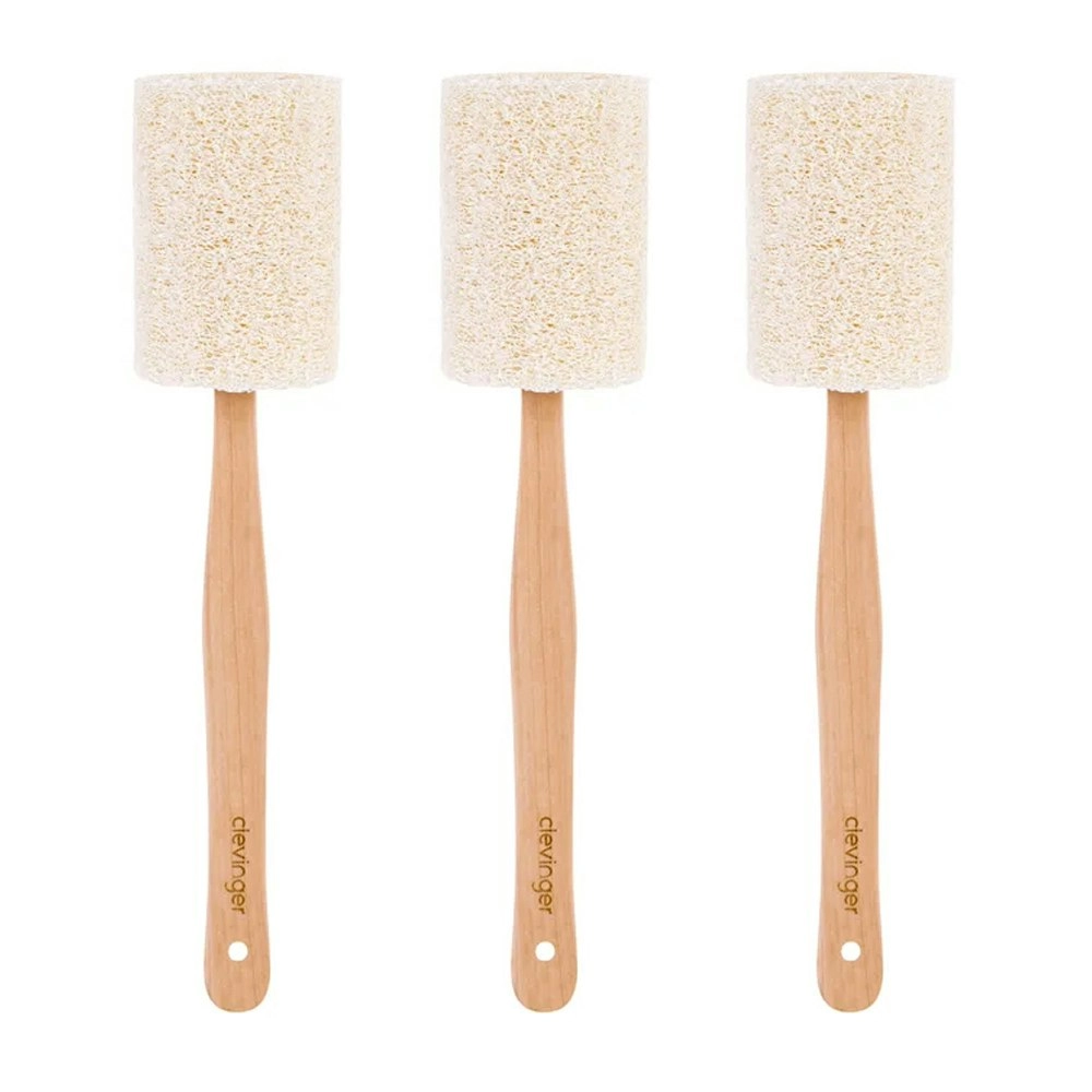 3x Clevinger Eco Loofah Shower Back/Body Scrubber With Wood Handle 6.5x36cm