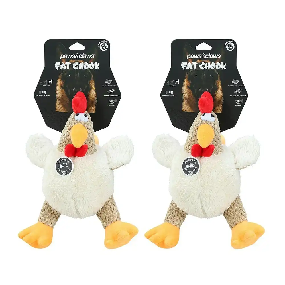 2x Paws N Claws Pet Dogs Fat Chook Soft Plush 28cm Chew Toy w/ Built-In Squeaker