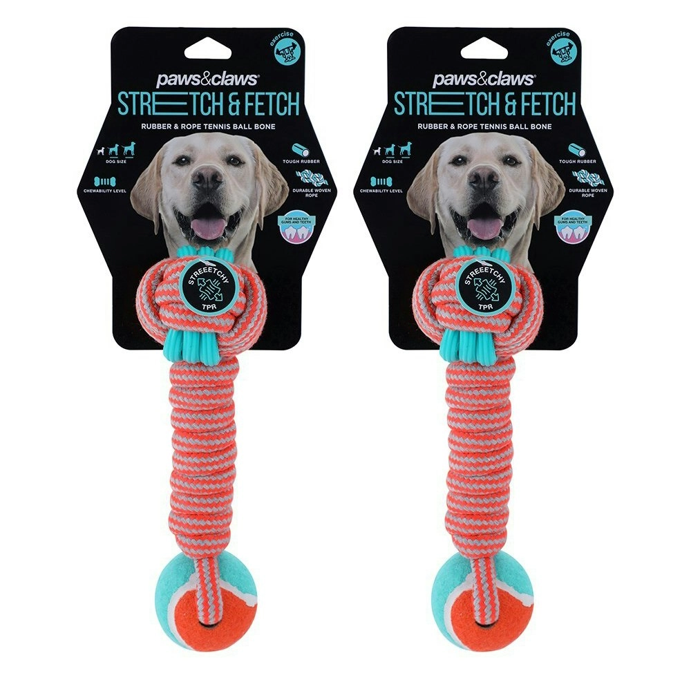 2x Paws & Claws 25cm Stretch & Fetch TPR Braided Rope Bone w/Tennis Ball Dog Toy