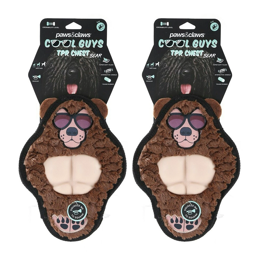 2x Paws & Claws 27cm Cool Guy Grizzly Bear TPR Chest Flat Plush Dog Squeaker Toy