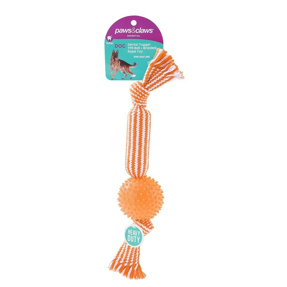 Paws & Claws 37cm Dental Tugger Dog/Pet Toy TPR Ball + Braided Rope Assorted