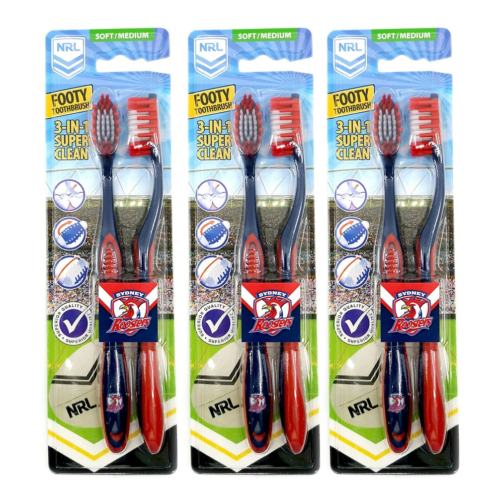 6pc NRL Sydney Roosters Soft/Medium Bristles Toothbrush Kids/Adults 6y+