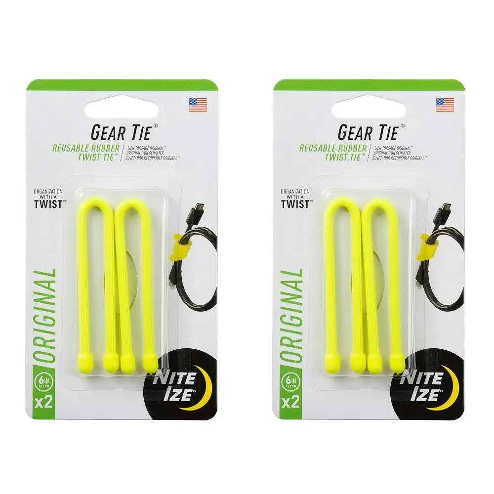 8pc Nite Ize 6in Rubber Gear Tie Reusable Wire Twist Cable Organiser Pack Yellow