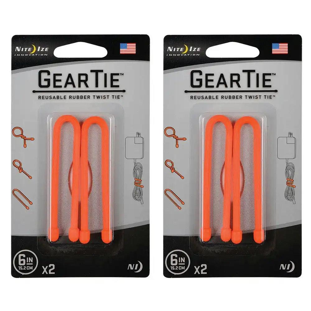 4pc Nite Ize Gear Tie 6in Reusable Rubber Twist Wire Cord Cable Organiser Orange