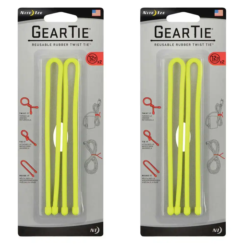 4pc Nite Ize Gear Tie 12in Reusable Rubber Twist Wire Cable Organiser Yellow