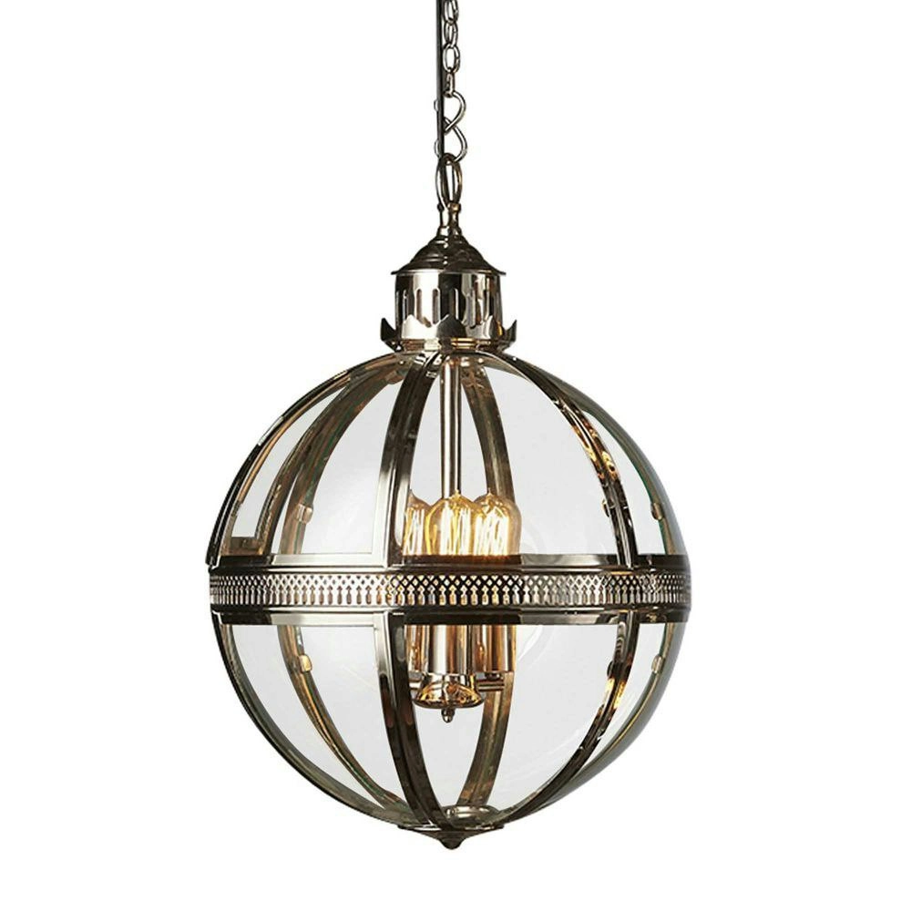 Belle Saxon Brass/Glass Ceiling Pendant Light Medium 61cm Lamp Shiny Nickel