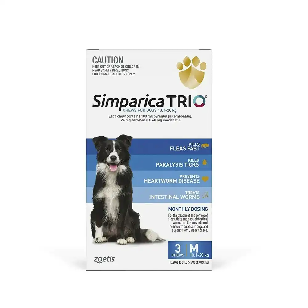 Simparica Trio Blue For Medium Dogs (10.1-20kg) - 3 Pack, 6 Pack & 12 Pack - 3 Pack