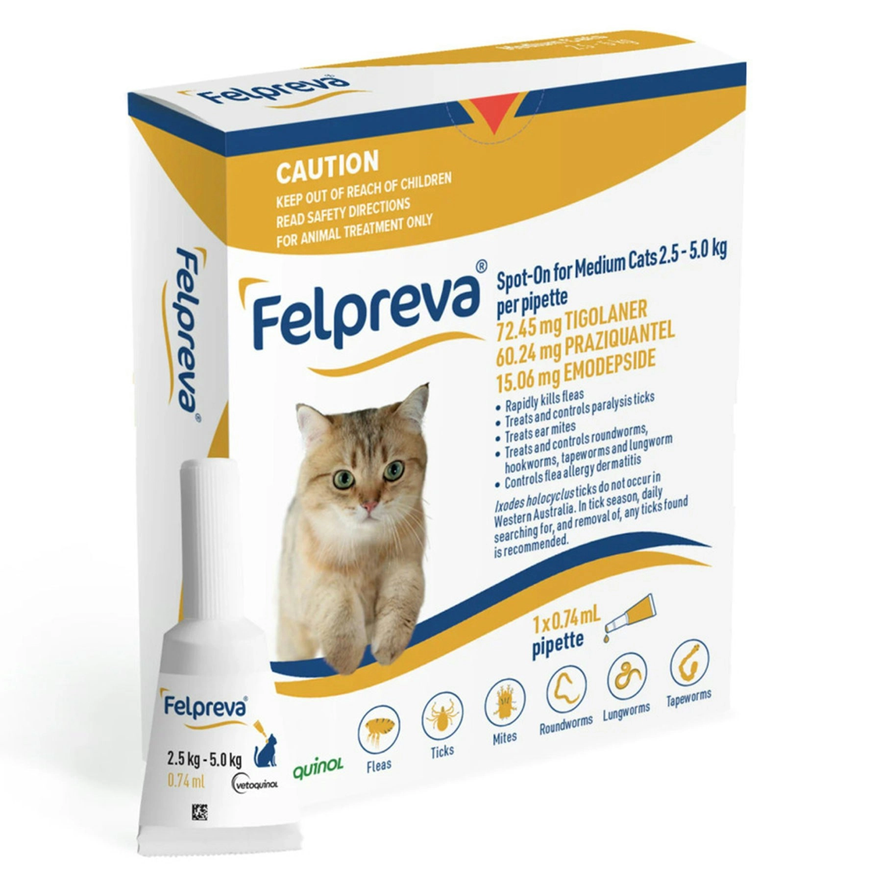 Felpreva Cat Spot On Flea Tick and Worming Treatment 2.5KG-5KG (Yellow)