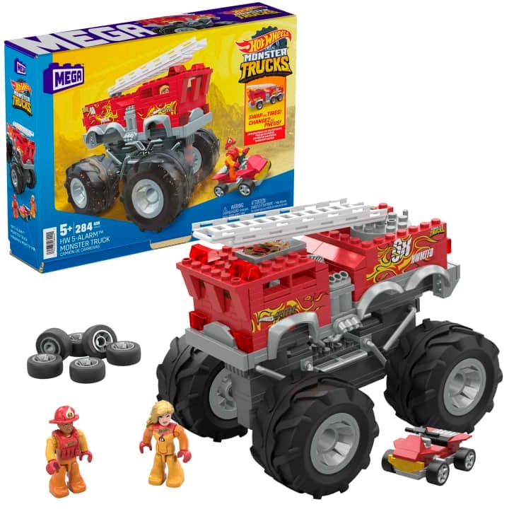 Mega Hot Wheels 5-Alarm Fire Truck Monster Truck Building Set with 1 Figure